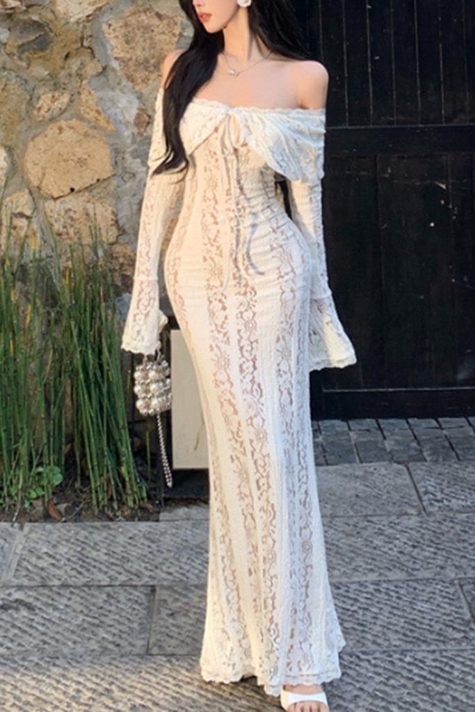 Lace Flare-Sleeve One-Shoulder Skirt