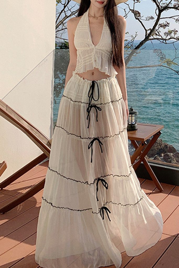French-Style Collar Halter Skirt 2-Piece Set