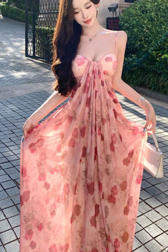 Rose Elegant Tie-Dye Bandeau Dress