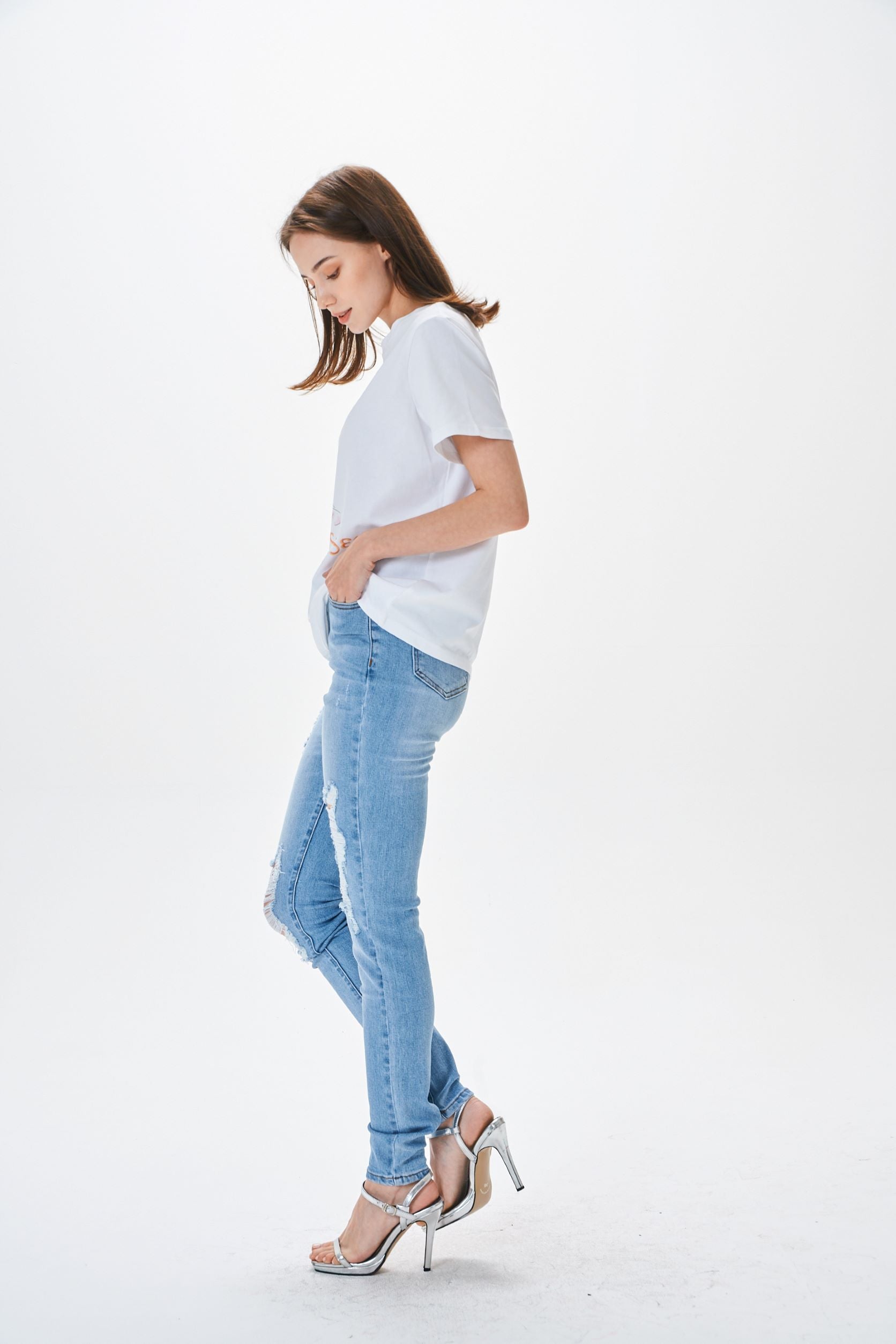 LIGHT BLUE HIGH WAIST RIPPED SKINNY JEANS - Image 3