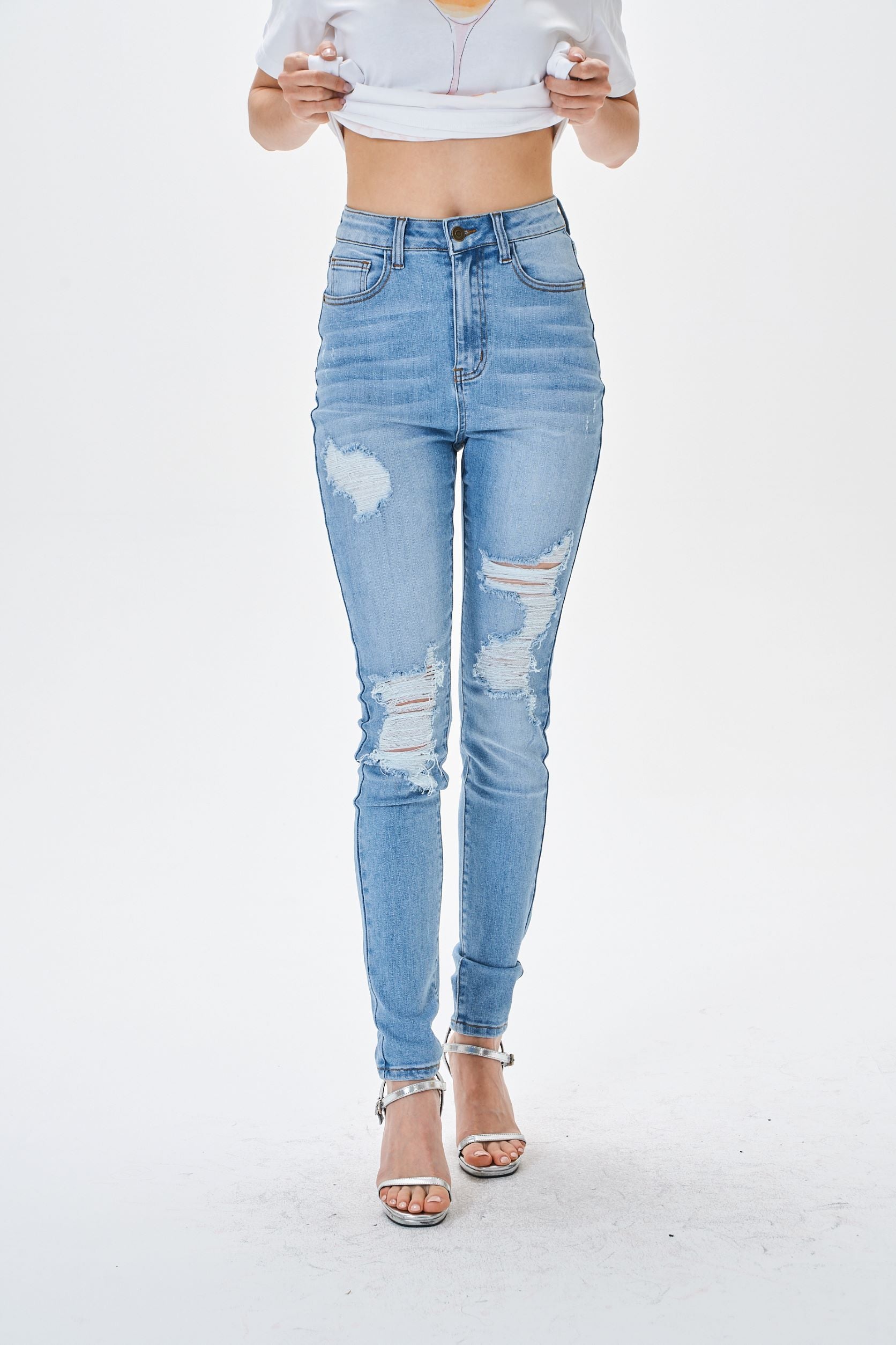 LIGHT BLUE HIGH WAIST RIPPED SKINNY JEANS - Image 6