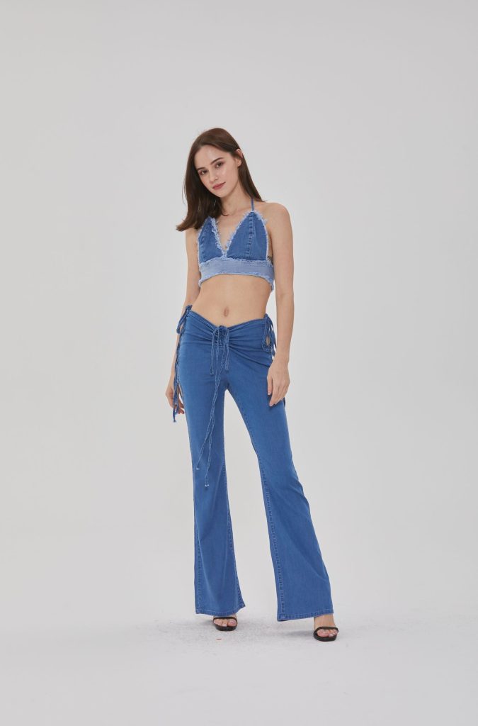 MID RISE DRAWSTRING FLARE LEG JEANS