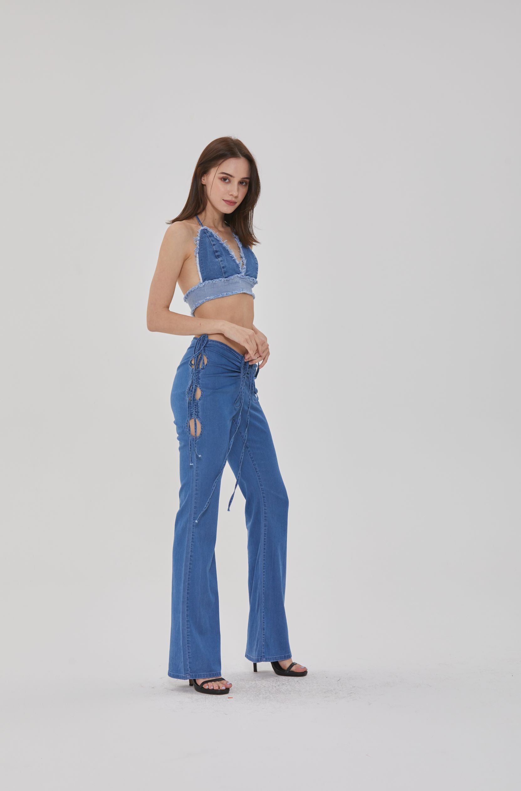 MID RISE DRAWSTRING FLARE LEG JEANS - Image 2