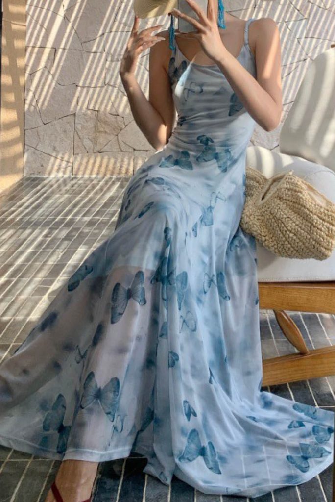 Butterfly Mesh Drapey Cami Maxi Dress