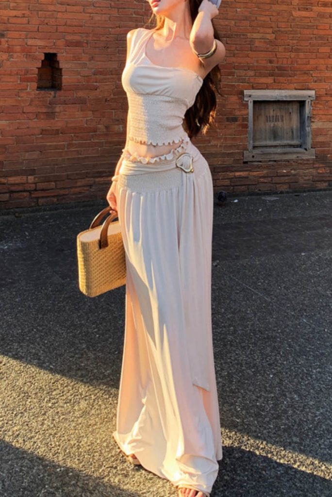 Asymmetric Twist Ruched Maxi Skirt Set