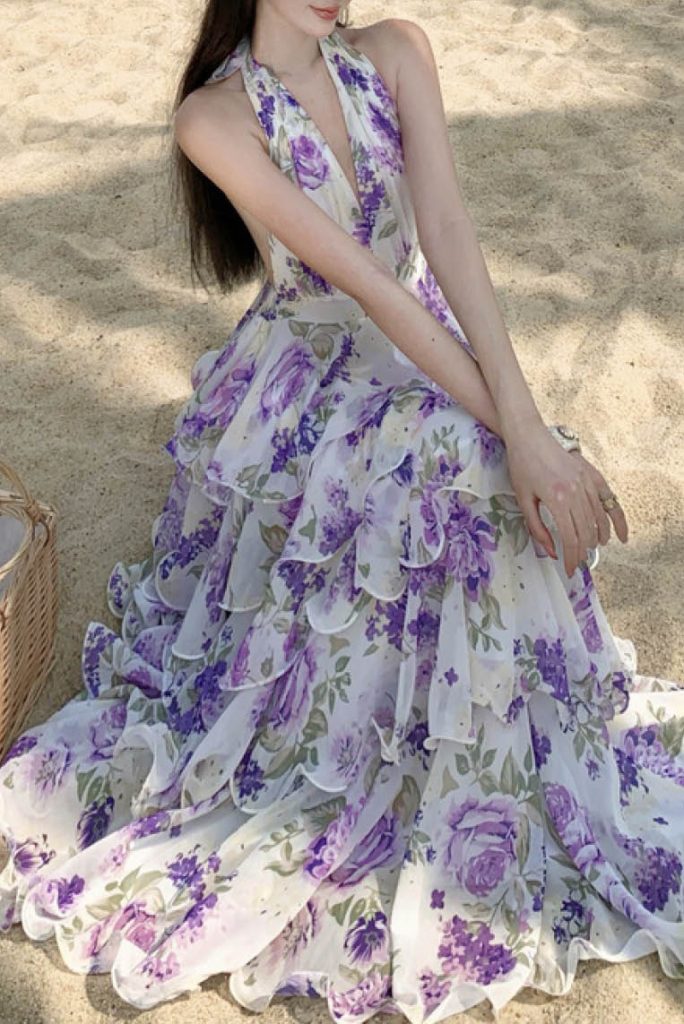 Purple Hibiscus Chiffon Maxi Dress