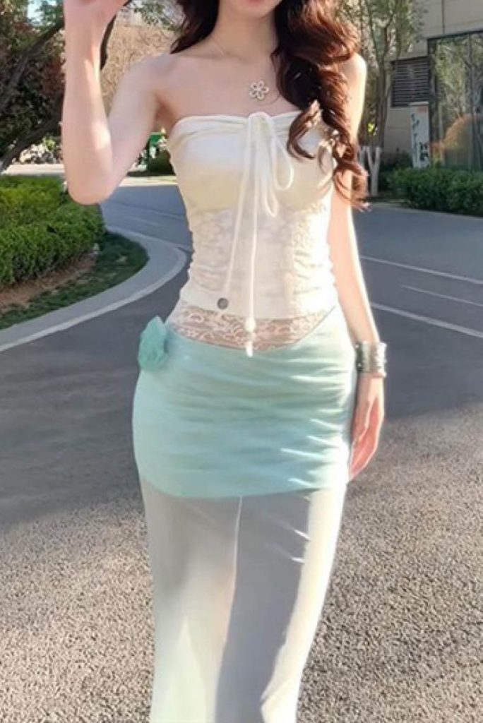 White Jacquard Bandeau Mesh Midi Skirt Set
