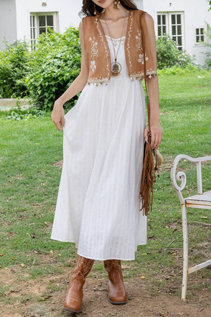 Faux Suede Embroidered Fringe Vest & Cami Dress