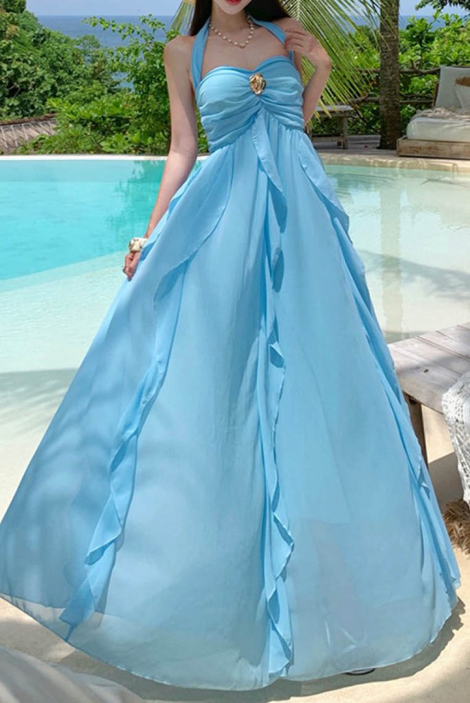 Gentle Backless Wavy Mesh Maxi Dress