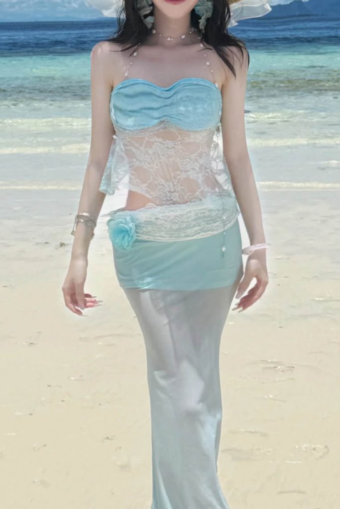 Lace Sheer Fabric Bandeau Mermaid Skirt Set