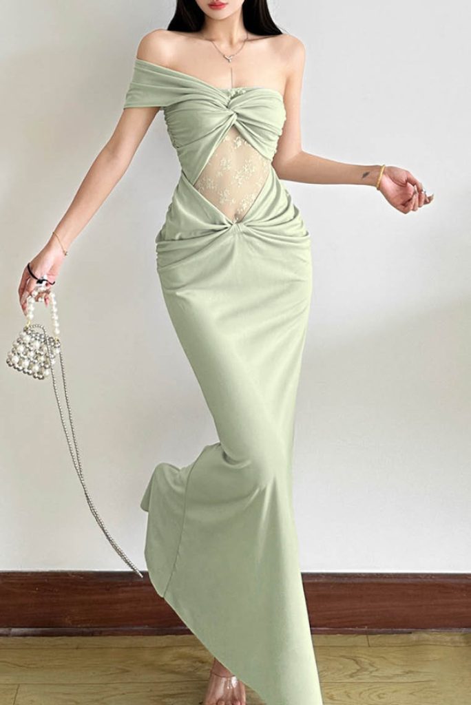 Lace Print One-Shoulder Ruched Maxi Dress (No Padding)