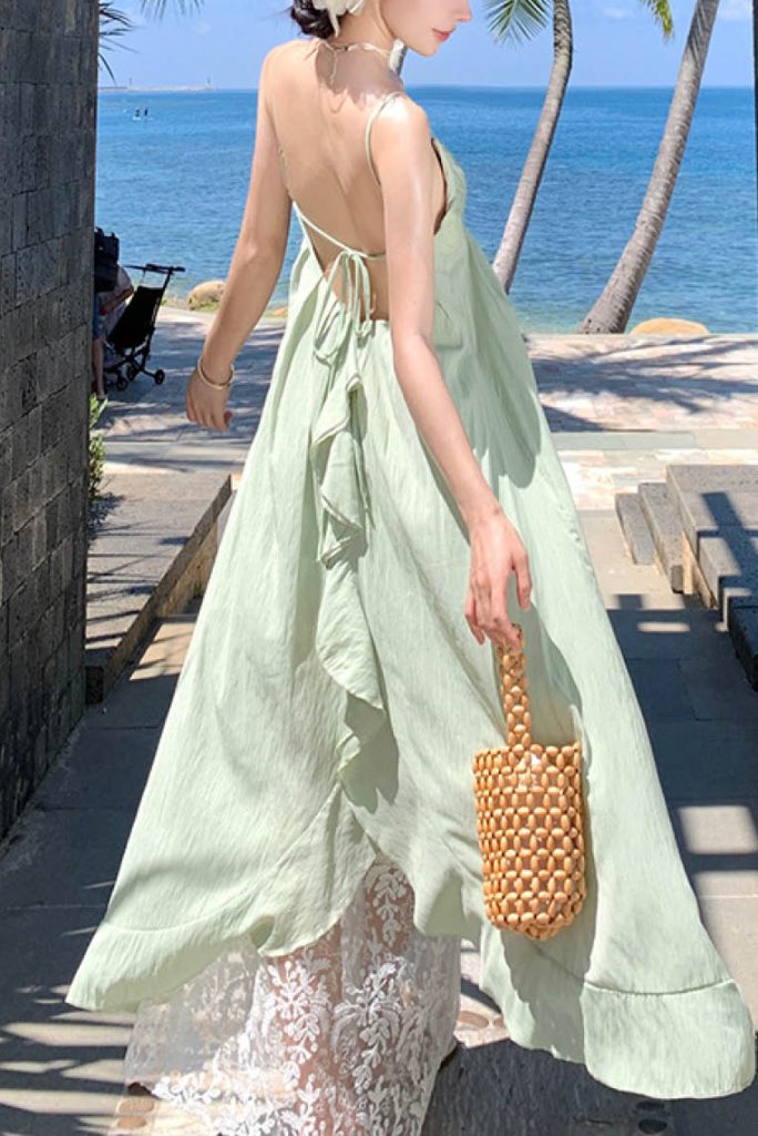 Designer-Style Lace Panel Beach Maxi Dress