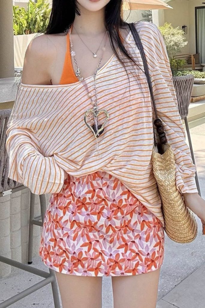 Dopamine Striped One-Shoulder Cover-Up Bikini Set