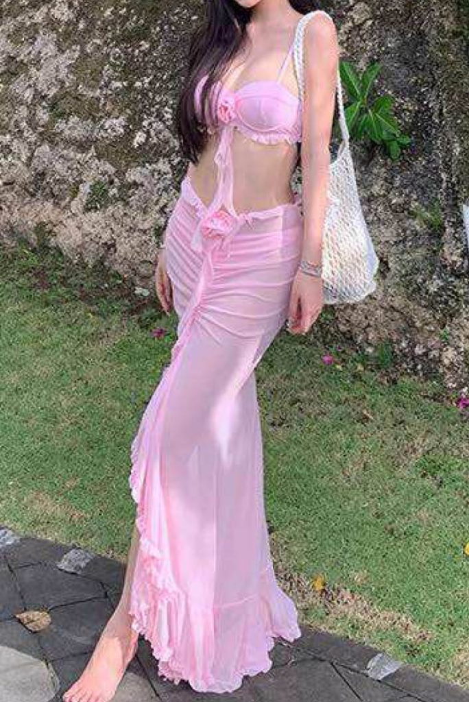 Pink-Tone Underwire Bikini Maxi Skirt 3-Piece Set