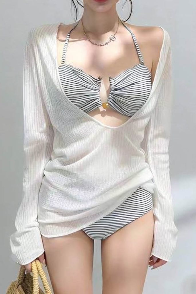 Long-Sleeve Striped Cover-Up Bikini 3-Piece Set