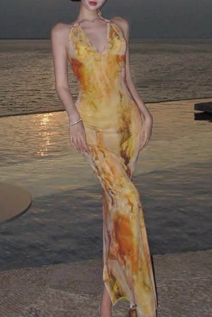 Tie-Dye Printed Backless Bodycon Maxi Dress (No Padding)