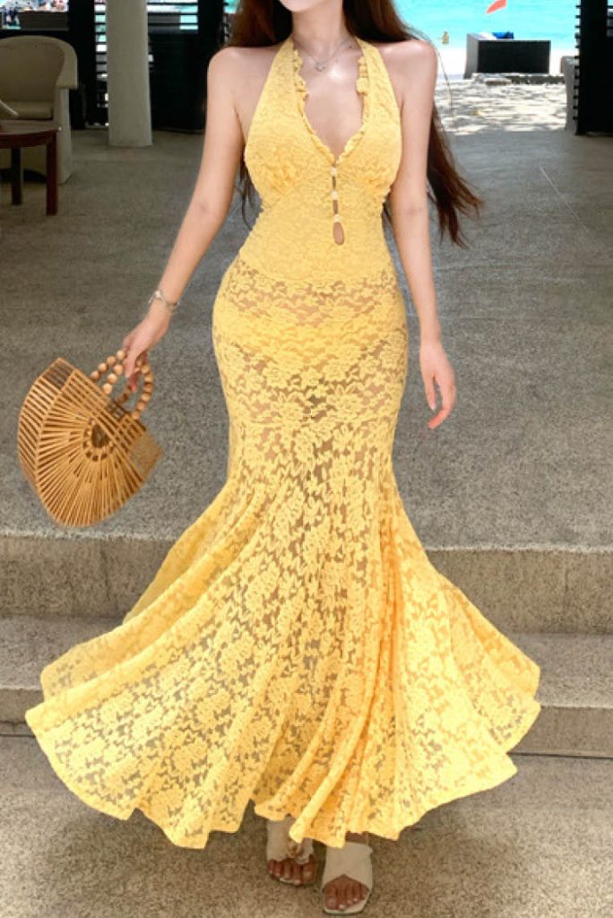 Socialite-Style Lace V-Neck Bodycon Maxi Dress